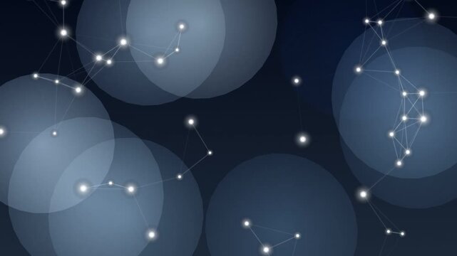 Abstract network of glowing white lights and connections forming constellations against a dark blue