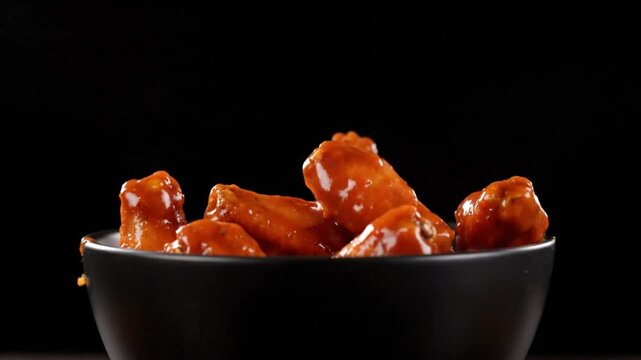 Buffalo wings being dropped into a black bowl with a black background, close-up shot