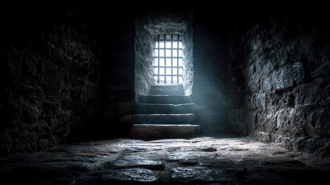 Dark Ancient Stone Dungeon Room with Barred Window and Light Rays