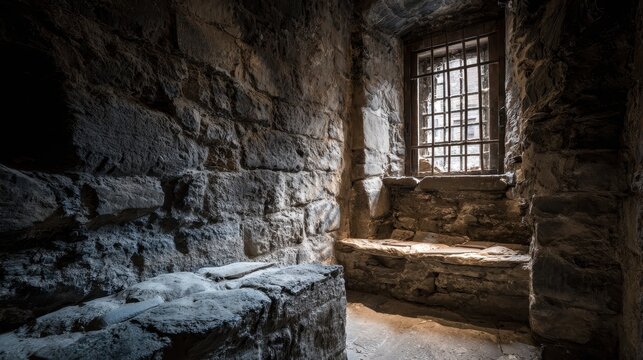 Dark medieval prison cell with stone walls and barred window