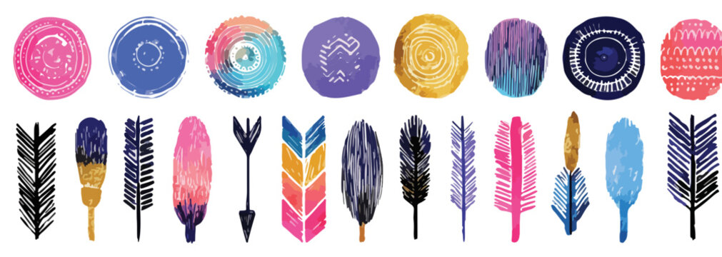 Collection d'&eacute;l&eacute;ments d&eacute;coratifs de style boh&egrave;me avec des plumes color&eacute;es, des fl&egrave;ches tribales et des cercles &agrave; l'aquarelle sur fond transparent.