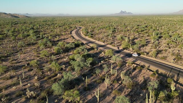 Drone flying forward over an Arizona desert landscape as a white van drives along a wide dark road curving into the distance, surrounded by dense saguaro and cholla vegetation in early morning light.