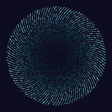 Blue dots abstract digital spiral pattern technology vortex flow background.