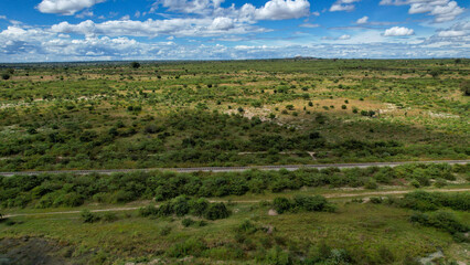 Aerial View of Lush Green African Savanna After Rain Under Blue Sky