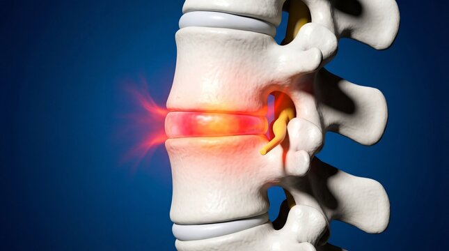 Detailed 3D illustration of a spine with a herniated disk causing pain