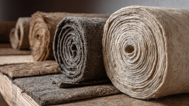Rolls of natural hemp insulation on a wooden shelf