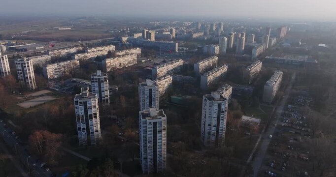 Outskirts ugly building in Croatian City of Zagreb. Aerial at sunrise
