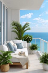 Obraz premium Private balcony overlooking ocean with tropical plants