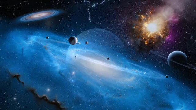 Epic cosmic journey through the galaxy featuring planets, stars, nebulas, and other celestial objects, a visual spectacle.