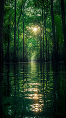 Obraz premium Dramatic sunburst filtering through dense green tropical forest canopy, illuminating flooded swamp waterway with shimmering water reflections.