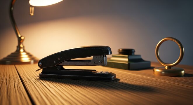 Vintage stapler on wooden desk with classic lamp and brass decorative ring in warm ambient lighting