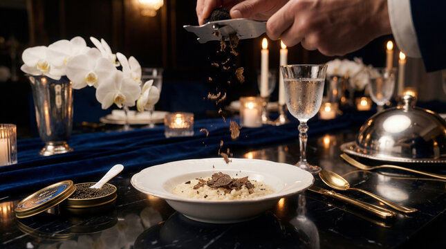 Black Truffle Shavings Falling in Midair Over Creamy Risotto on Porcelain in Velvet Candlelight.