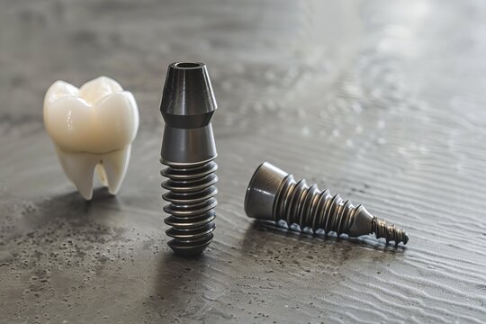 Dental implant is standing upright next to a molar and abutment on a grey surface