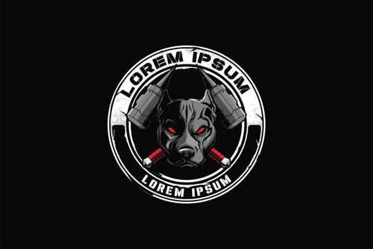 Pitbull head with cross post-apocalyptic mallet style logo vector image template