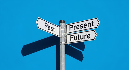 Fototapeta premium Signpost indicating Past Present Future direction decision making time concept