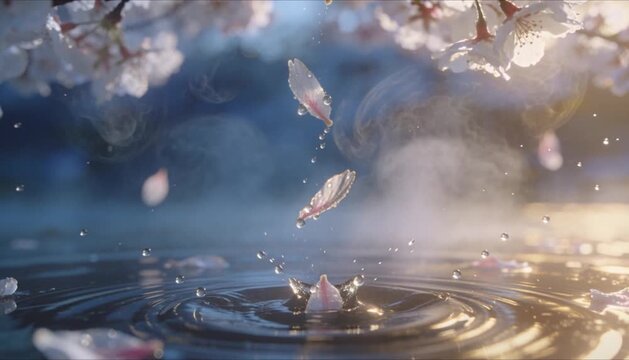 cherry blossom petals falling on calm water surface perfect for all the feels