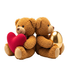 cute cinnamon-brown teddy bears, captured close-up with macro detail, sitting on a transparent infinity background, presenting a crimson heart and a golden egg. concept of love and new beginnings