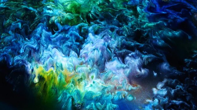 Vibrant blue and purple fluid acrylic pour with iridescent droplets