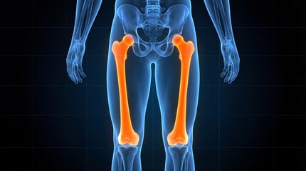 Human skeleton with highlighted femur bones in blue and orange hues on black background
