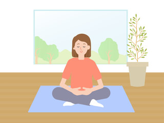 ヨガマットの上で瞑想・ヨガをする女性のイメージイラスト