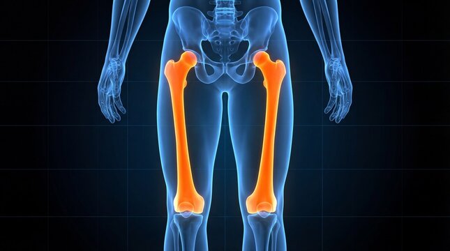 Human skeleton with highlighted femur bones in blue and orange hues on black background
