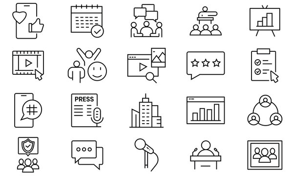 Public relations web icons in line style. Linear icon collection of  social media, announcement, press conference, communications, audience, journalist, interview and others. Vector illustration.