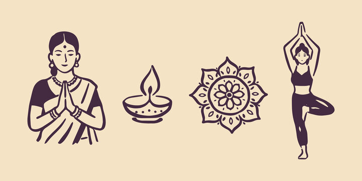 India yoga namaste icons line art vector illustration