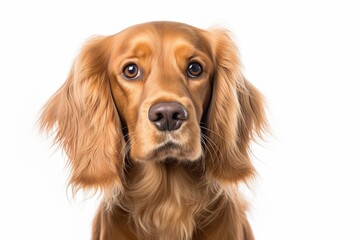 Young cute ginger cocker spaniel puppy dog looking directly into the camera