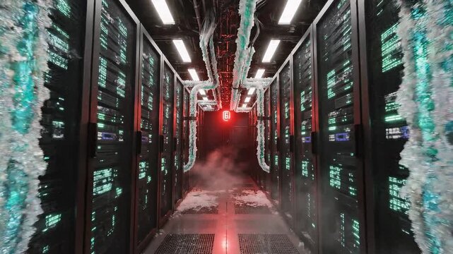 Eerie frozen server room corridor with ice-covered racks and glowing red warning lights, signaling a catastrophic data center failure or extreme system malfunction.