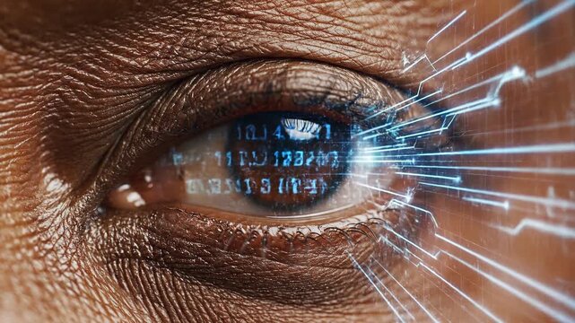 Close-up of a person's eye with futuristic technology interface