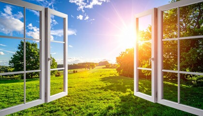Fototapeta premium Open window with sunlight and green trees outside.