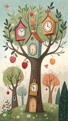 A treehouse with four clock faces in a colorful, fairy-tale forest.