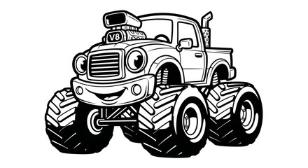 Cartoon Monster Truck with V8 Engine - Black and White Outline © hakim