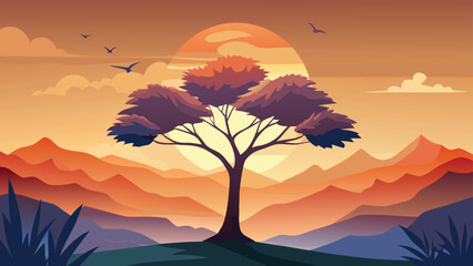 A solitary tree stands majestically at dusk amidst a serene and colorful landscape © CreativeKamrul