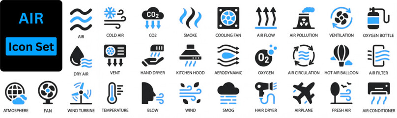 AIR solid icon set contain fresh air, air filter unit, turbine fan, capture box, CO2 molecule, storage tank, fan, temperature, air conditioner, wind, blow