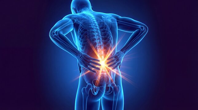 Back pain conceptual image with glowing pain in the lower back