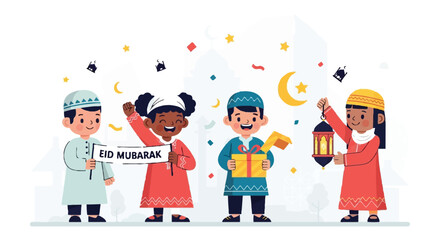 Fototapeta premium Joyful Muslim Children Celebrating Eid Al Fitr with Gifts Lantern and Greeting Banner in Flat Cartoon Style Illustration