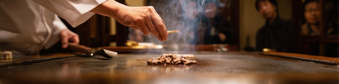 Chef skillfully grilling wagyu beef slices on a teppanyaki griddle for admiring customers in a gourmet restaurant