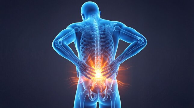 Human skeleton with glowing pain in lower back or back pain conceptual illustration.
