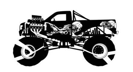Monster Truck Silhouette with Flames and Smoke - Black and White Vector Art © happy