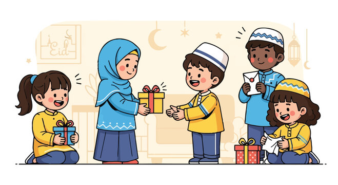 Diverse Muslim children celebrating Eid al-Fitr by exchanging gifts and envelopes in a cozy home setting, flat cartoon style illustration