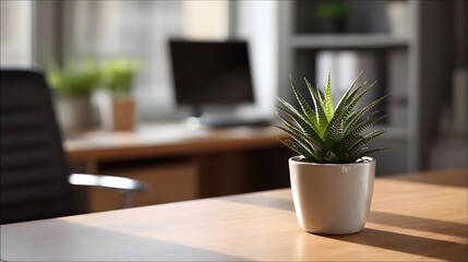 Fototapeta premium A small green succulent plant in a white pot sits on a wooden desk in a blurred office setting