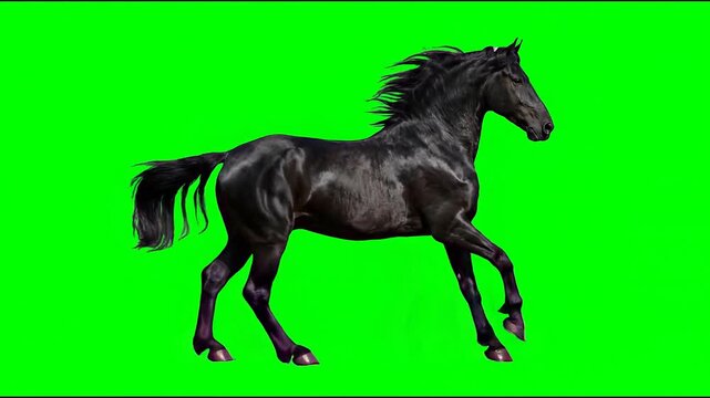 Black horse running loop animation on green screen chroma key background for compositing or VFX overlay