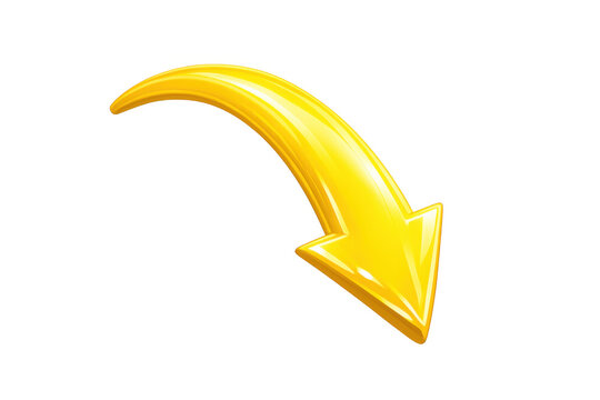Golden curved arrow pointing down, indicating direction, growth, download, navigation, and decrease, 3d rendering