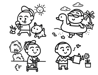 Set of cute boy characters enjoying summer outdoor activities and hobbies hand drawn doodle collection.