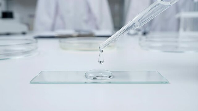 Pipette releasing clear liquid drop onto glass slide in laboratory. Scientific sample preparation for microscopic examination and analysis in research setting. Biology experiment procedure with lab