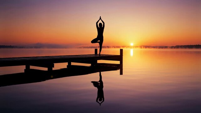 Woman performing yoga sequence on wooden pier at sunset. Balancing and prayer poses with water reflections. Serenity and mindfulness practice in tranquil lakeside setting for wellness and relaxation.
