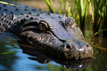 Obraz premium Alligator's head and eyes are scanning through green reeds in the shallow water