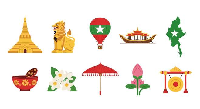 Ten flat icons representing elements of Myanmar culture and geography