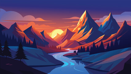 Fototapeta premium A serene twilight scene with snow-covered mountains and a winding river at dusk
